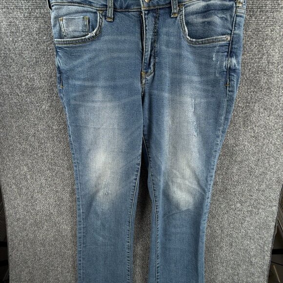 Anthropologie Pilcro Jeans High Rise Flare Denim Blue Frayed Leg ACTL 31x26 - Picture 1 of 16